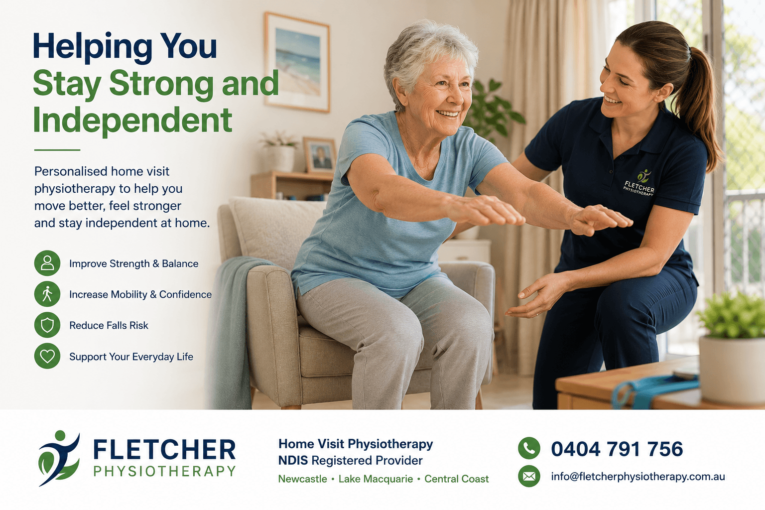 Personalised home visit physiotherapy helping older Australians stay strong and independent across Newcastle, Lake Macquarie and the Central Coast